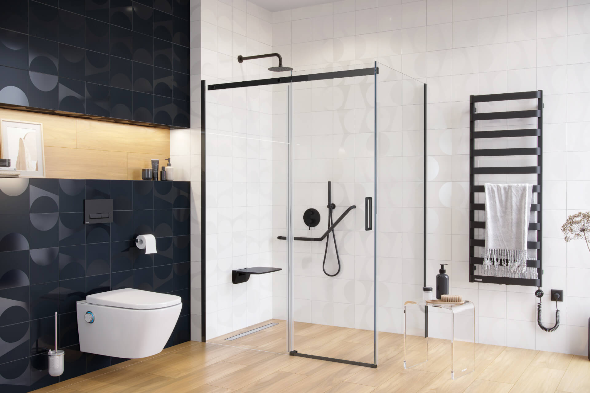 Rols kabina narożna 140x90 cm z drzwiami przesuwnymi 140 cm, powłoka Clean Control, czarny mat