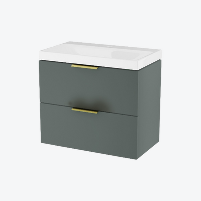 Blanko szafka 64 cm, szałwiowy mat z umywalką z otworem na baterię, uchwyt złoty połysk