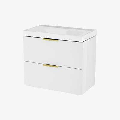 Blanko szafka 64 cm, biały połysk z umywalką z otworem na baterię, uchwyt złoty połysk