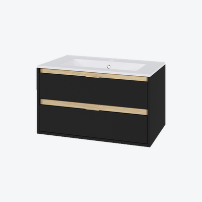 Tuto szafka 80 cm wisząca, 2 szuflady, z umywalką As, czarny mat/dąb Excellent