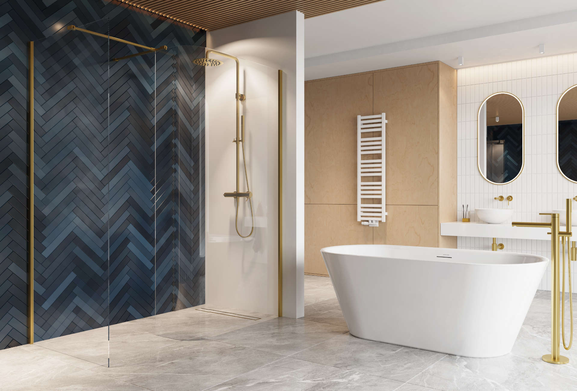 Vidoq walk-in kabina prysznicowa gięta, ścianka prosta 100cm, ścianka gięta 83cm, powłoka Clean Control, złoty połysk