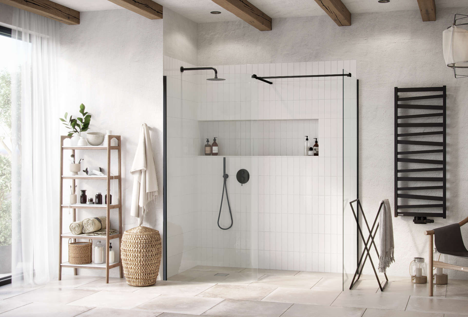 Vidoq walk-in kabina prysznicowa gięta, ścianka prosta 120cm, ścianka gięta 93cm, powłoka Clean Control, czarny mat