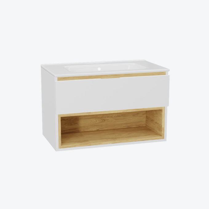 Tuto 2.0 szafka wisząca 80 cm 1 szuflada front gładki niski, umywalka Pik, biały/biały