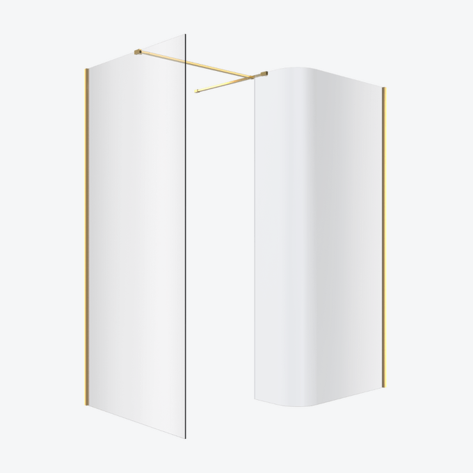 Vidoq walk-in kabina prysznicowa gięta, ścianka prosta 120cm, ścianka gięta 83cm, powłoka Clean Control, złoty połysk