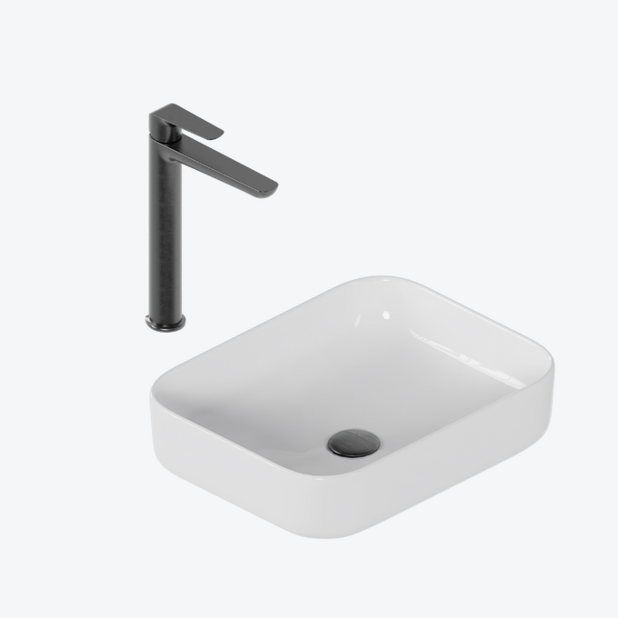 Zestaw promocyjny Cori 2.0 50x38 z baterią umywalkową wysoką Clever 2.0, grafit szczotkowany i korkiem klik-klak, grafit szczotkowany