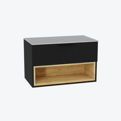 Tuto 2.0 szafka wisząca 80 cm 1 szuflada front ryflowany, blat jasny szary, czarny mat/ czarny mat