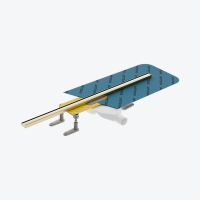 Stilio Slim odpływ liniowy 70 cm baza z syfonem mankiet uszczelniający ruszt dekoracyjny złoty szczotkowany